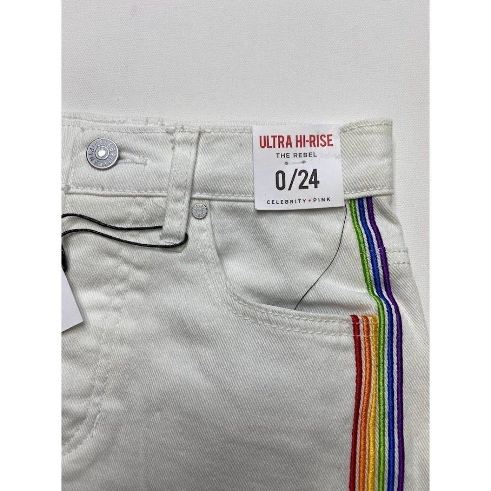 Celebrity Pink Jean Shorts 0 White Juniors' Rainbow Stripe Stretch Raw-Hem NEW - Picture 5 of 13